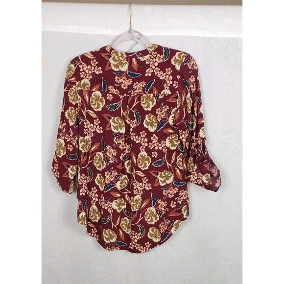 Daniel Rainn Blouse Top M Brown Multicolor‎ Floral Roll Tab Sleeves Autumn Fall - Picture 2 of 7